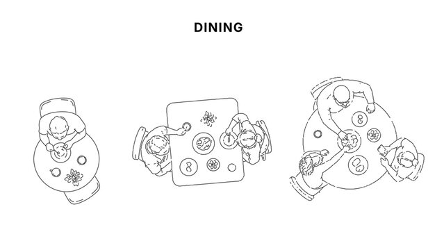 Minimal CAD dining top view drawings set with people eating at tables, overhead food and tableware layout in clean architectural line style for plans and layouts
