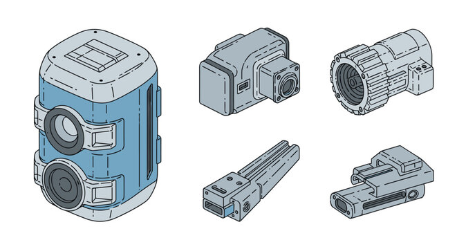 A detailed collection of isolated mechanical components including a dual lens housing and modular sensors rendered in a clean minimalist style for technical design.