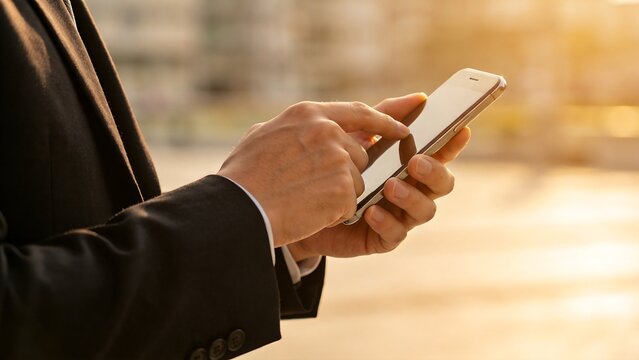 Person in suit using smartphone outdoors