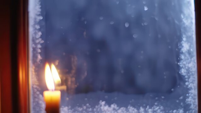 A lit candle casts a warm glow next to a frosted window, wintery outdoor scene visible