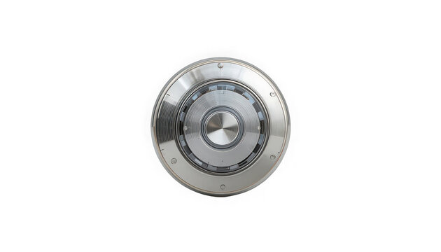 Close-up of a metallic combination lock with circular design on a plain background