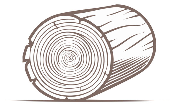Detailed illustration of a felled log revealing distinct growth rings and rough bark texture in monochrome