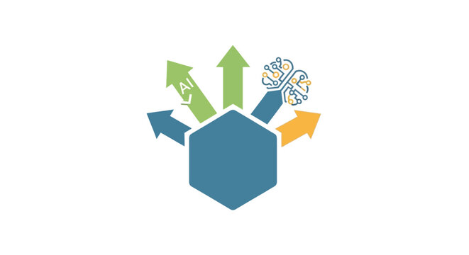 Blue hexagon with arrows and gear.