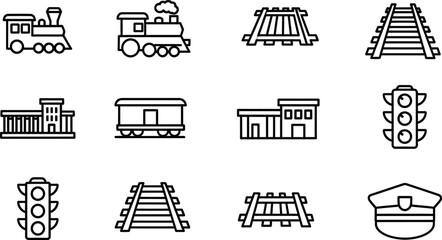 Railway infrastructure icons trains tracks stations and signals in linear style © graphixarrow