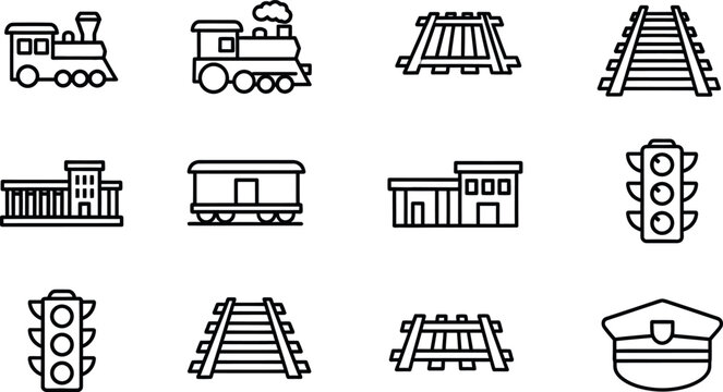 Railway infrastructure icons trains tracks stations and signals in linear style
