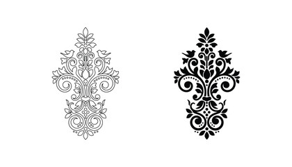 Ornate floral damask flourish scroll vector set featuring decorative swirl elements in outline and solid black styles for luxury invitation borders and classic graphic design projects © Offset