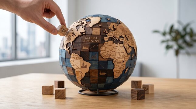 Puzzle-style wooden cubes assembling into a globe shape, symbolizing global business. Soft light, clean background, 3D realistic composition..