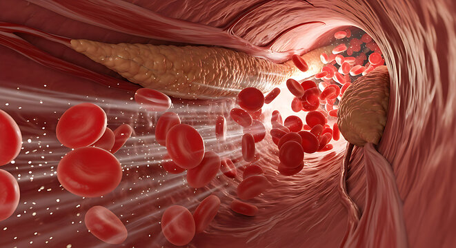 Slow Motion Blood Flow in Blocked Artery with Plaque Obstruction