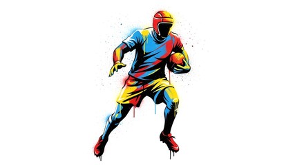 Obraz premium Dynamic colorful digital art featuring a rugby athlete in motion running across a white backdrop with paint splatters