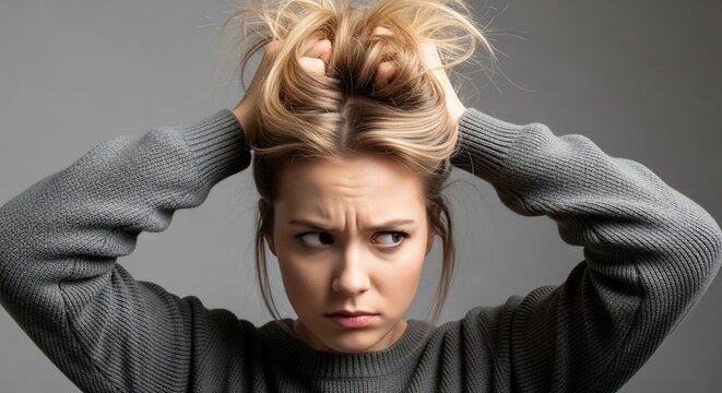 Frustrated woman with messy hair expressing stress and anger.