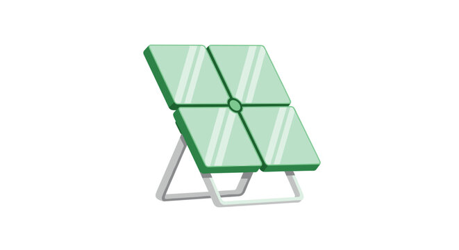 A small, portable solar panel array consisting of four interconnected green tinted glass panels mounted on a silver metal folding frame against a blank background.