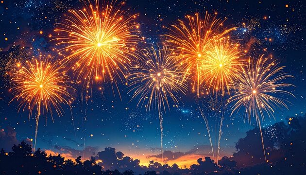 An elegant shower of orange fireworks against a smooth, dark blue gradient sky, sparkling dazzlingly.