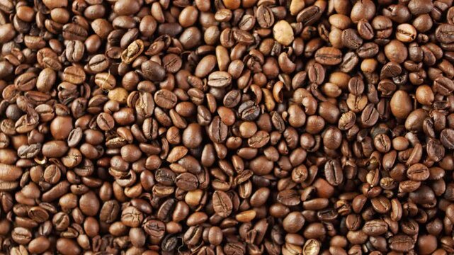 Freshly roasted coffee beans falling from above onto large pile creating dynamic movement for organic food background caffeine energy advertising ingredient and industrial production process
