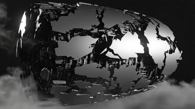 Futuristic abstract concept of a deconstructed shattered metallic globe with cloud background