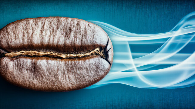 Close-up of a single coffee bean with blue smoke or energy streams flowing behind it, fragrance