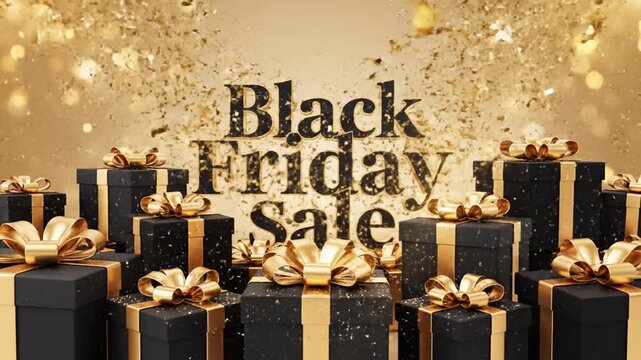 Black friday sale presents in a golden background for promotional content