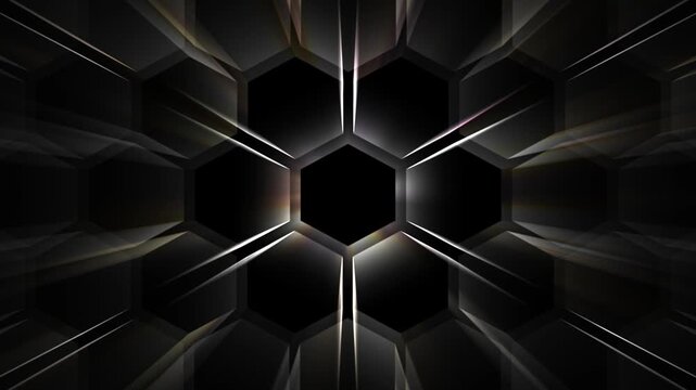 lighted 3d hexagon pattern in shades of gray, front view and close-up of shiny light animation, abstract geometrical honeycomb background for chemistry, physics and pharmacy