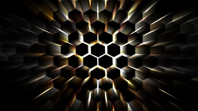 golden spreading hexagon pattern with light burst, 3d honeycomb shape, illuminated geometry animation background for pharmacy, chemistry and collective consciousness