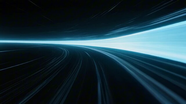 Glowing blue light ribbon tracing a smooth dynamic curve with gentle motion blur on a dark background, representing speed and futuristic technology in 3D render.