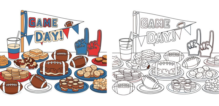 American Football Game Day Party Food Table Illustration. Colored and Black and White Outline Coloring Book Page Vector.