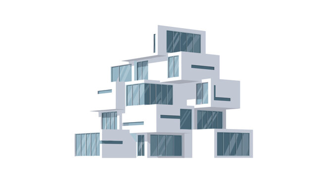 An abstract asymmetric white building structure with stacked blocky rectangular volumes and dark window glazing is set against a plain white background in a minimalist aesthetic.