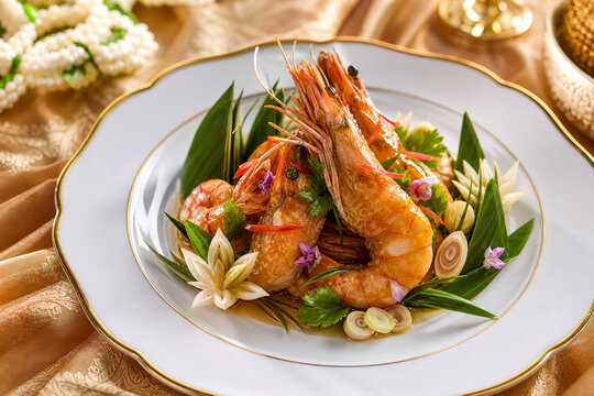 Shrimp dish served on a white plate with herbs and garnish at a dinner table during an evening gathering