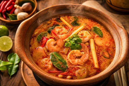 Cooking shrimp soup in a clay pot with herbs and spices in a warm kitchen setting during the evening