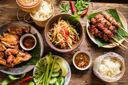 Traditional Thai food served on a wooden table with various dishes included rice, grilled meat, and vegetables during a social gathering