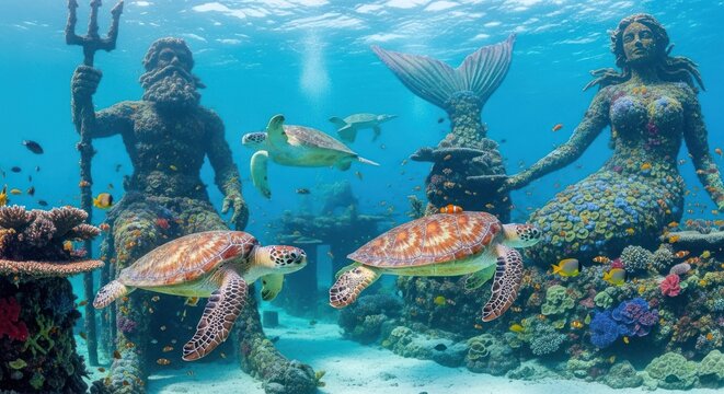Sea turtles swimming past ancient underwater statues of mythical gods