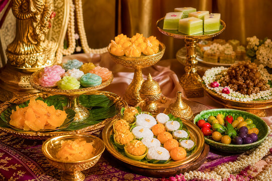 Thai dessert display during a festival with various sweets and snacks on decorated tables
