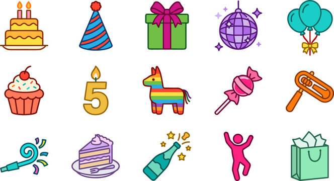 Colorful Birthday Party Icon Set with Cake, Party Hat, Gift Box, Disco Ball, Balloons, Cupcake, Pi&ntilde;ata, Candy, and Festive Celebration Elements for Event Designs