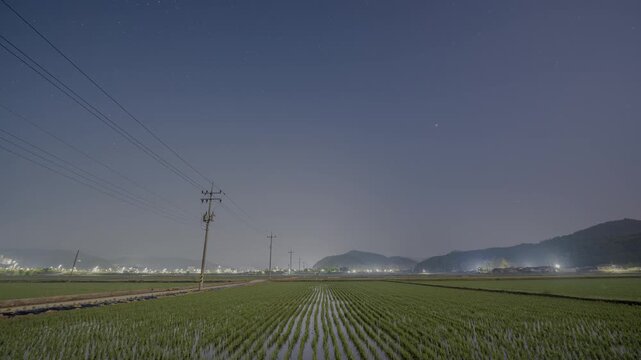 봉화 석평리 논밭 새벽 HDR 타임랩스, 블루아워 하늘과 여름 모내기 논 풍경