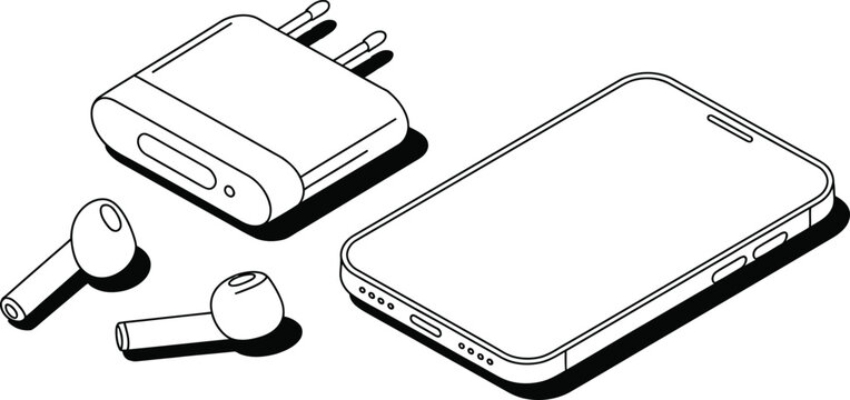 wireless earbuds, phone, charging case, black and white illustration, vector icons