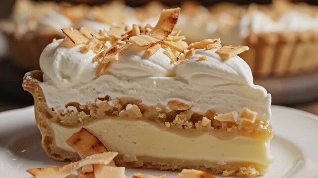 Delicious slice of creamy pie with whipped cream and toasted coconut flakes.