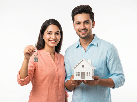 smiling indian couple with silver house key and miniature home model isolated on white background for real estate concept