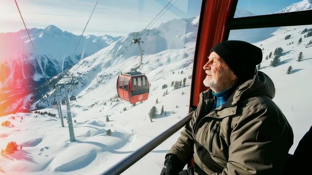 Senior man enjoying mountain view from ski lift. Elderly tourist riding ropeway over snowy landscape. Winter travel and vacation adventure in scenic alpine resort.