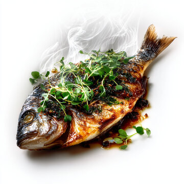Close-up of a delicious whole roasted dorado fish with fresh microgreen garnish and sauce