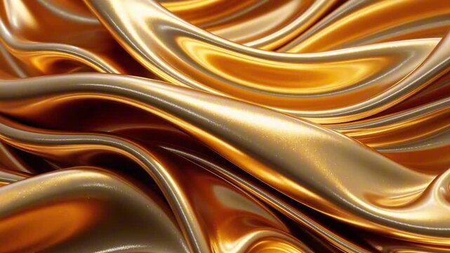 Wavy golden fabric flowing smoothly with a luxurious shiny metallic texture, creating an elegant and abstract silk background.