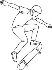 Fototapeta premium Single continuous line drawing of teenager doing skateboard trick while jumping in the air isolated