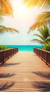 Aerial view of wooden boardwalk leading to beach with palm trees