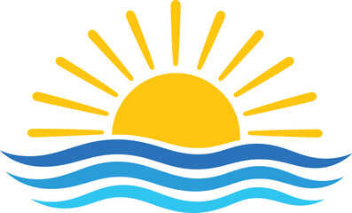 Minimal Sun and Ocean Waves Logo with Sunrise Beach Abstract Flat Design Summer Coastal Illustration © Sabbir Sarker