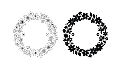 Floral wreath circular frame made of flowers and leaves vector illustration set with outline and solid black silhouette versions for wedding or greeting card designs © PenTool