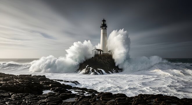 Dramatic aerial view of lighthouse on rocky coast during stormy weather with large waves crashing against it