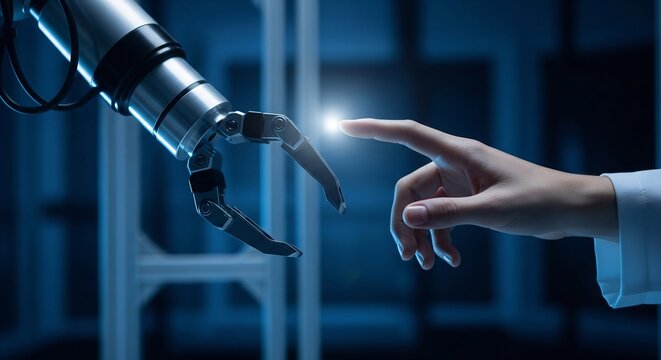 Robotic Arm and Human Hand Touching Fingers in Blue Futuristic Lab