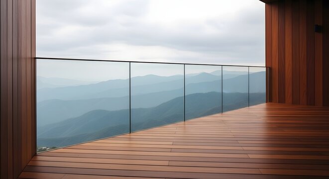 Aerial view of wooden balcony with glass railing overlooking mountains