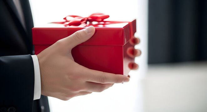 business professional holding red gift box with ribbon in slow motion close up footage