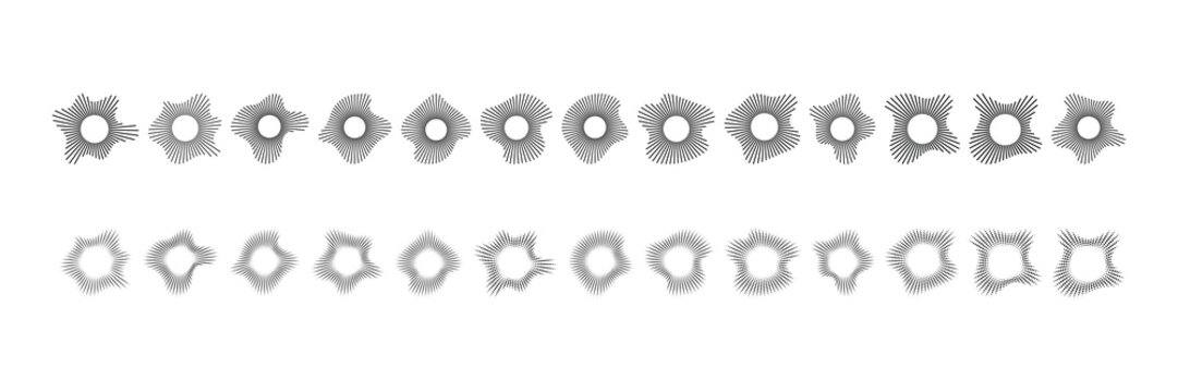 Sound equalizer icons with lines set. Abstract sound frequency patterns dynamic equalizer lines. abstract radial music icons. round audio wave effects music design
