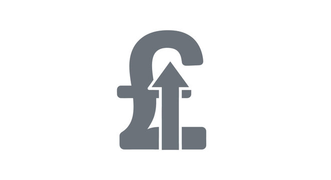 Minimalist graphic icon showing the British pound currency symbol with an upward arrow, representing financial growth, market appreciation, and economic prosperity