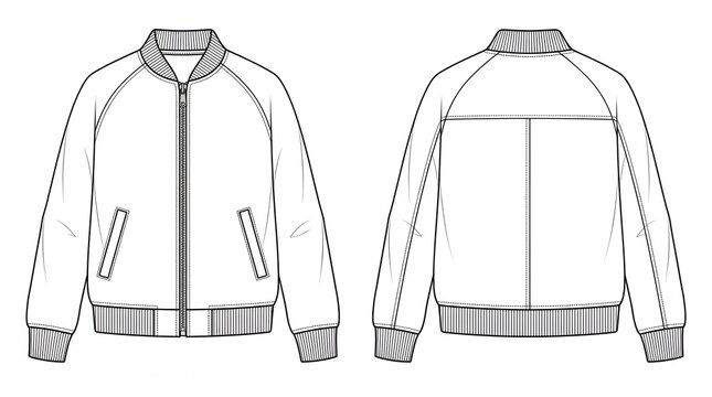 Professional fashion flat sketch of a classic bomber jacket featuring raglan sleeves, ribbed collar, cuffs and hem. Front and back view for apparel manufacturing and design.
