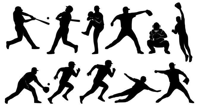 Baseball Player Silhouettes Vector Set with Batting Pitching Running and Fielding Action Poses
